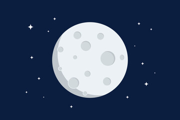 full moon with craters and stars flat design vector illustration