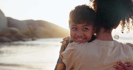 Wall Mural - Son, face and mother to hug on beach, smile and nature to relax for calm summer holiday. Happy family, woman and child with bonding in portrait, love and travel vacation by coast for peace wellness