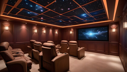 Wall Mural - A sci-fi-themed home theater room decked out with starry ceiling lights, sleek leather recliners, and a massive screen displaying ai generation