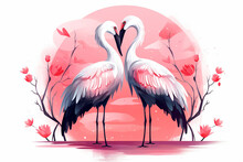 Cartoon Illustration Of A Pair Of Storks Loving Each Other