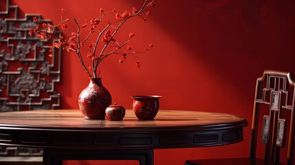 a red table with some chinese decoration