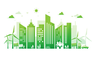 Sticker - ecology environment and conservation green energy city on white background. green eco home friendly sustainable development. Vector illustration in flat design on white background. Clean and natural.