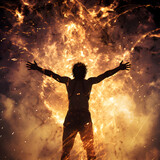 Fototapeta Sport - Silhouette of a person standing in front of flames with their arms outstretched 