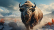 American Bison (Bison bison) foraging in snow during winter. generative ai
