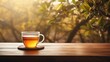 A cup of tea with copy space, blurred nature background. 