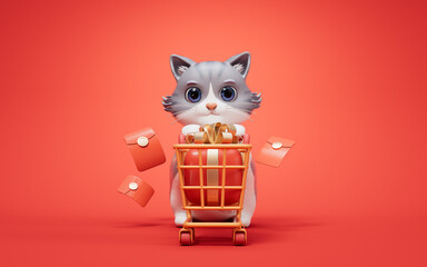 Wall Mural - 3D cartoon style cute cat and shopping cart, 3d rendering.