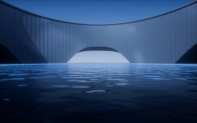 Poster - Water surface with building at night, 3d rendering.