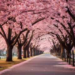 Wall Mural - A row of cherry blossom trees in full bloom