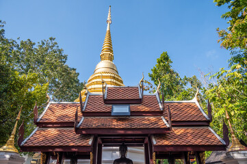 An old Buddhist pagoda in Wat Phra Kaew temple in Chiang Rai province of Thailand.