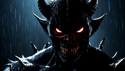 Wall Mural - Terrifying demon with sharp teeth during a storm