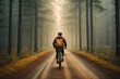 Back view of man cycling in the forest 