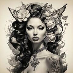 Wall Mural - flower girl tattoo with skull and wing illustration