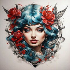 Wall Mural - flower girl tattoo with skull and wing illustration