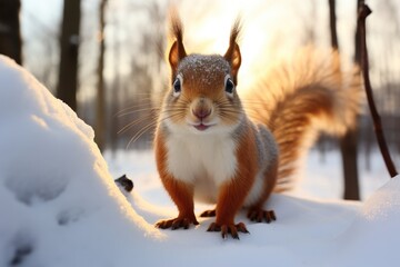 Wall Mural - A cute squirrel standing in the snow. Generative AI.