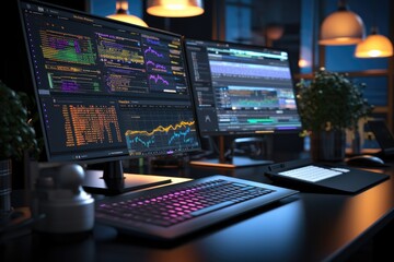 Poster - Software development setup on laptop screens with a code. Generative AI.