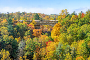 Colorful autumn leaves surround Natural Bridge, a beautiful sandstone rock arch in a state park in the Red River Gorge geologic region of Kentucky, the Bluegrass State.