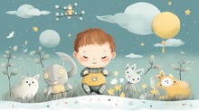 Children's Cartoon Design, Pastel Painting Art For Bedroom Walls Or Book Covers, Cute And Adorable.