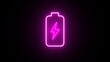 3d glowing neon symbol of vertical symbol of charging empty battery isolated on black background. glowing battery icon with Lightning bolt symbol.