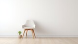 Fototapeta  - Dining chair Padded seat wooden legs, in a modern minimalist interior room with wooden vinyl flooring, with space white wall.