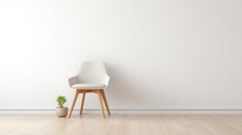 Dining Chair Padded Seat Wooden Legs, In A Modern Minimalist Interior Room With Wooden Vinyl Flooring, With Space White Wall.