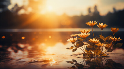 Flowers in the middle of a pond taking on the color of a golden sunset