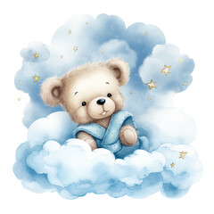 Wall Mural - Cute baby teddy bear sleeping on the cloud Illustration, Generative Ai