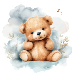 Wall Mural - Cute baby teddy bear sleeping on the cloud Illustration, Generative Ai