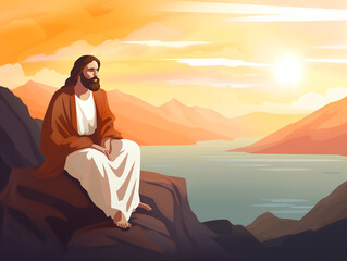 Wall Mural - Jesus sitting near a river in the evening