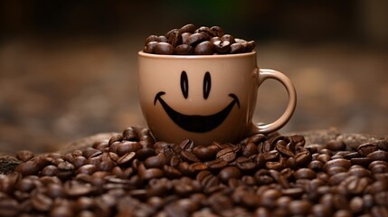 Wall Mural - Happy Coffee Mug Laughing Surrounded By Coffee Beans.  (Generative AI).