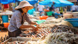 Asian fishmonger sells fish in the morning market