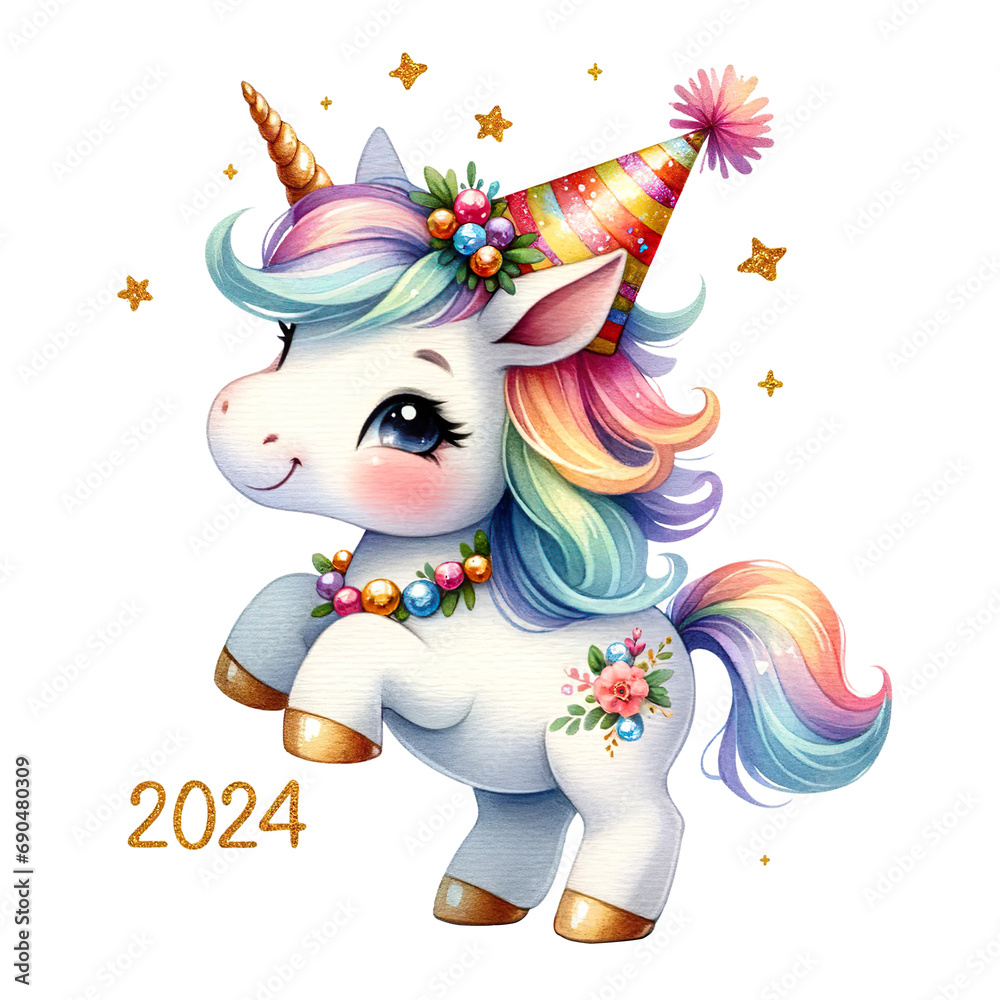 Watercolor Cute Unicorn Clipart, Celebrate the New Year Festival ...