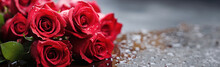 Dozen Crisp Red Roses Lying On Side With Dew Drops