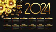 Black And Golden 2024 Annual Calendar Template With Floral Decoration