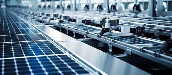 Poster - Automated manufacturing facility assembling solar panels on conveyor with white robot arms at modern factory.