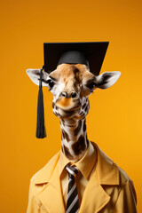 Wall Mural - Giraffe dressed in formal attire and graduation cap signifies high aspirations in education on a bright yellow background.