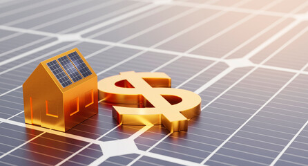 Wall Mural - golden house model with solar panels on the roof. the us dollar currency symbol on the solar panel s
