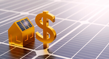 Wall Mural - golden house model with solar panels on the roof. the us dollar currency symbol on the solar panel s