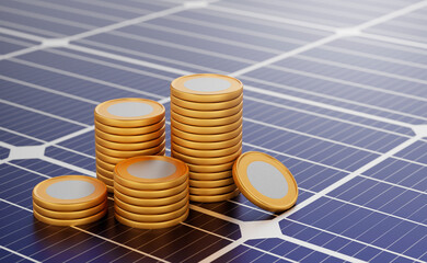 Wall Mural - golden coins placed on solar panels. investing in renewable energy. environmentally friendly. save m