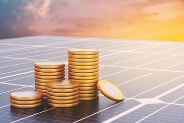 Wall Mural - golden coins placed on solar panels in the morning. morning sky. investing in renewable energy. envi