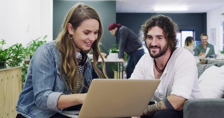 Poster - Man, woman and discussion with laptop in office, happy and teamwork with technology for online research. People, networking and collaboration by couch, creative and presentation with small business
