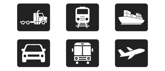 Set of 6 transportation icons including trucks, trains, cargo ships, cars, buses and airplanes. Vector illustration