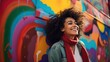 A smiling woman surrounded by vibrant graffiti art, creating an edgy and urban-inspired background for a unique wallpaper