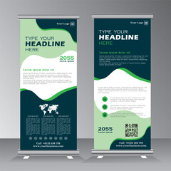 roll up banner design template with image space, vertical banner design with green color, polygon st