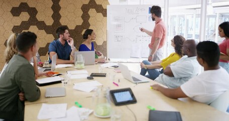 Aufkleber - Teamwork, presentation or app developers in meeting for brainstorming, conversation or talking in startup. Discussion, hand up or manager speaking of planning, suggestion or group ideas on whiteboard