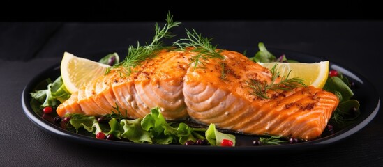 Wall Mural - Grilled salmon on the plate, delicious, healthy with omega 3.