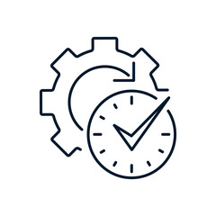 Poster - Time management concept with check mark, approved, confirmed, completed, checked, workflow. Vector linear icon isolated on white background.