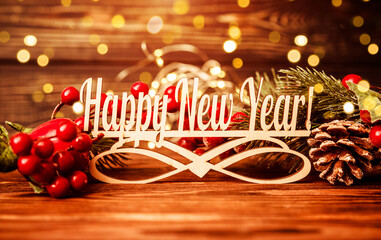 Wall Mural - Happy new year on wooden brown background
