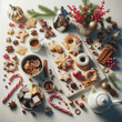 Christmas decorations, sweets and freshly baked cookies on a white kitchen board, photorealistic, generative ai