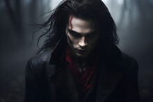 Misty Cinematic Studio Portrait Of Vampire In Forest At Night