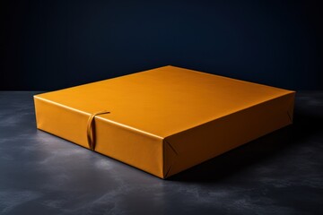 Poster -  a large yellow box sitting on top of a table next to a bottle of wine and a glass of wine.